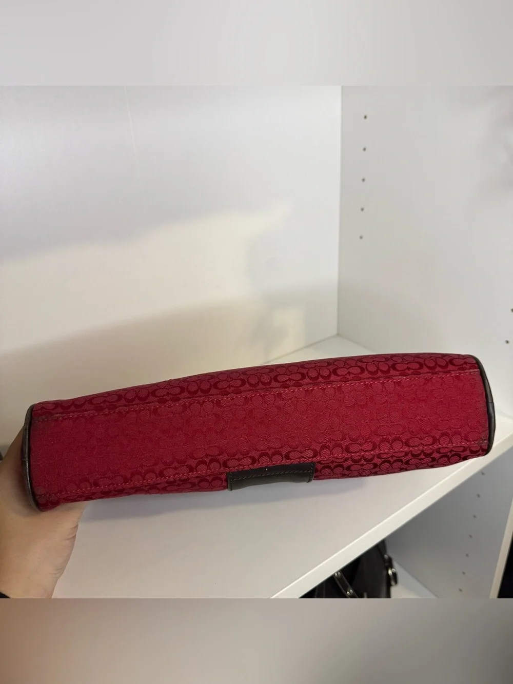 Coach Red Signature Canvas Cosmetic Case with Brown Leather Trim